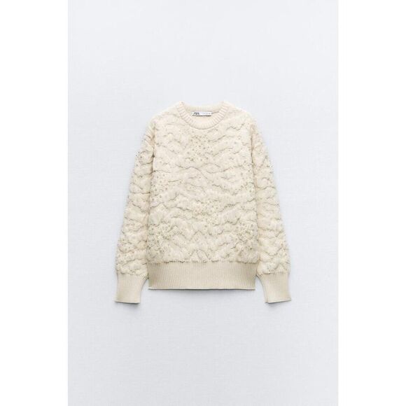 Zara Womens Knit Sweater Textured Pearl Beaded S Ecru Ivory 6895/001 NWT - Picture 2 of 15